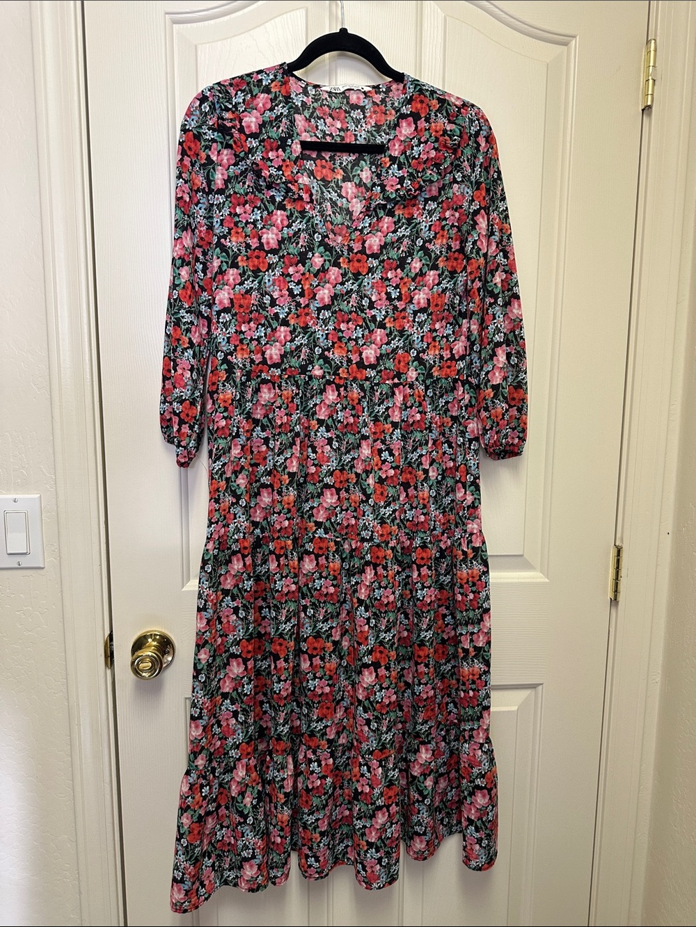 Zara Pink and Green Floral Tiered Midi Dress